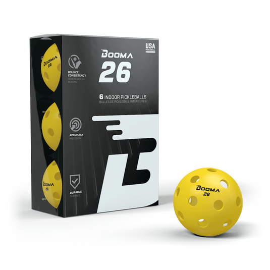 Image d'une boîte de 6 balles de pickleball BOOMA 26 jaunes.