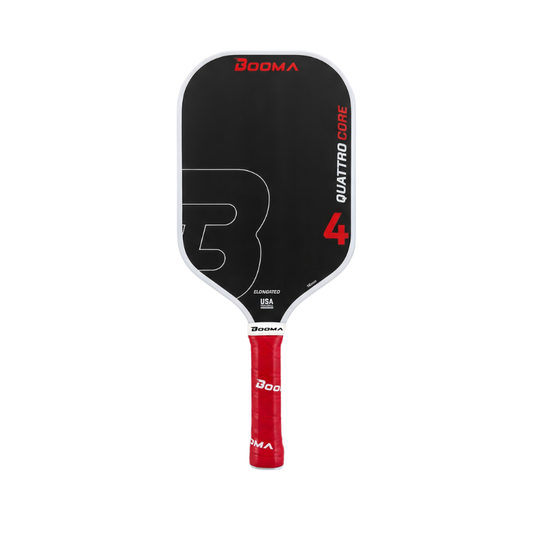 La BOOMA Quattro allongée avec surface en carbone brut T700 et noyau avancé en mousse EPP offre des effets explosifs, une puissance remarquable, un toucher exceptionnel, une zone de frappe élargie (sweet spot) et une absorption supérieure des vibrations pour des performances optimales sur tout le terrain. | BOOMA Quattro elongated pickleball paddle with T700 raw carbon and advanced EPP foam core delivers explosive spin, power, touch, a larger sweet spot, and superior vibration dampening for all-court perfor