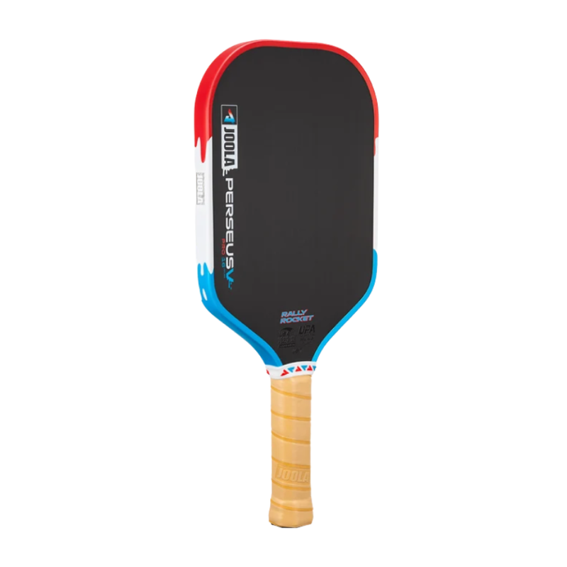 Load image into Gallery viewer, Raquette de pickleball JOOLA Perseus Pro V Rally Pop rouge, blanc et bleu.
