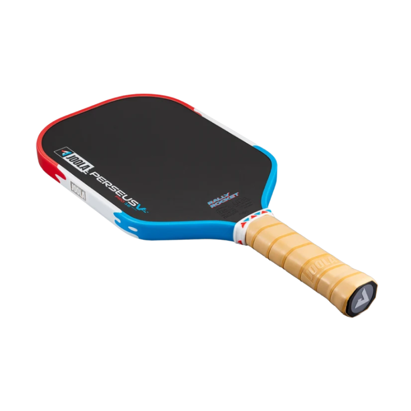 Load image into Gallery viewer, Raquette de pickleball JOOLA Perseus Pro V Rally Pop rouge, blanc et bleu.
