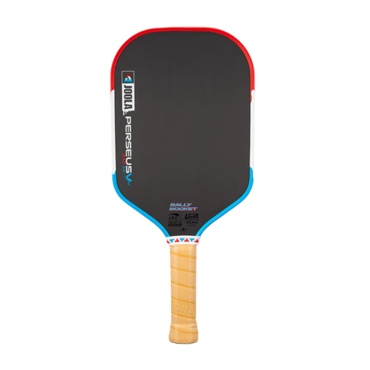 Raquette de pickleball JOOLA Perseus Pro V Rally Pop rouge, blanc et bleu.